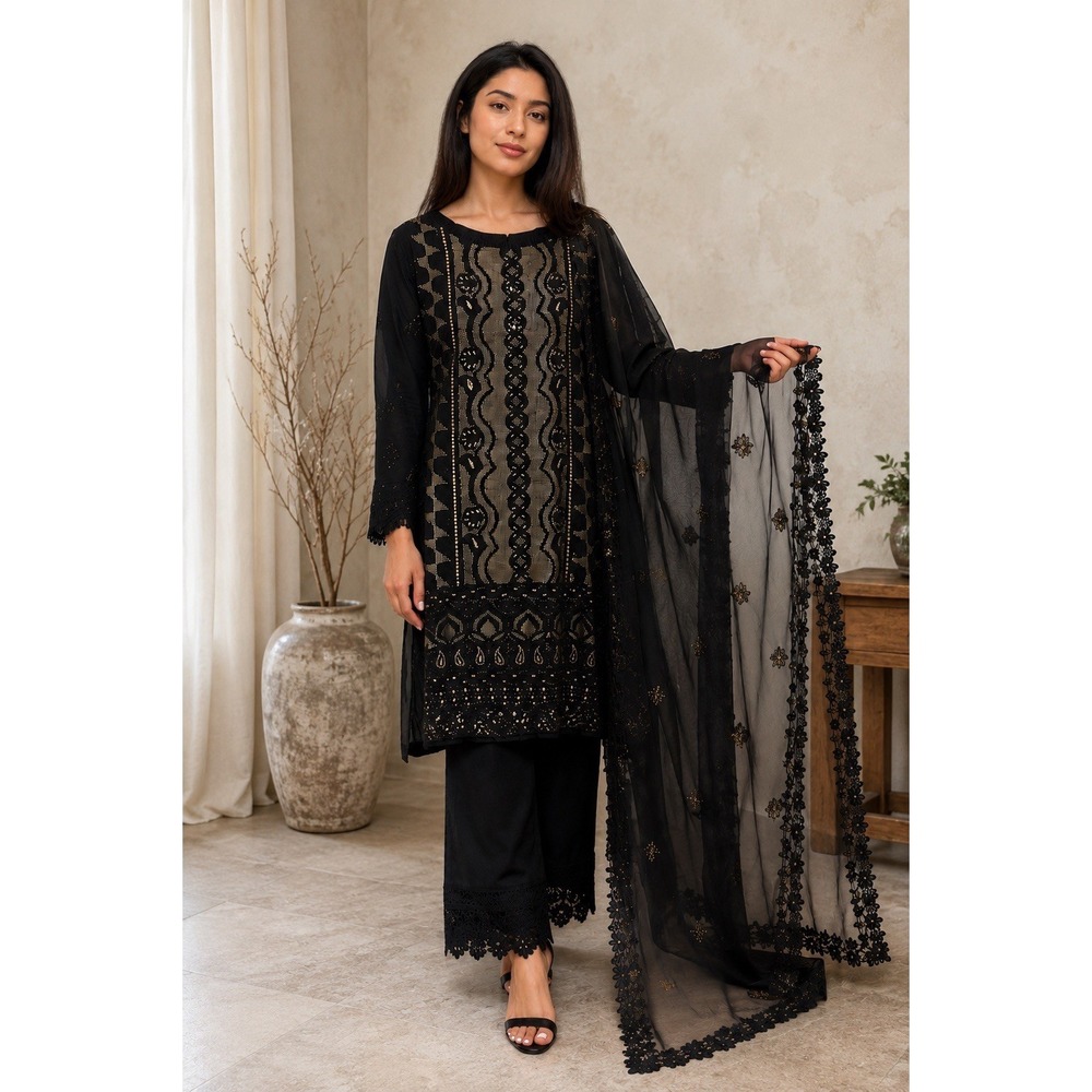 Black Gold Embroidered Indian Pakistani Kurta Pants Dupatta 3 Piece Set A19